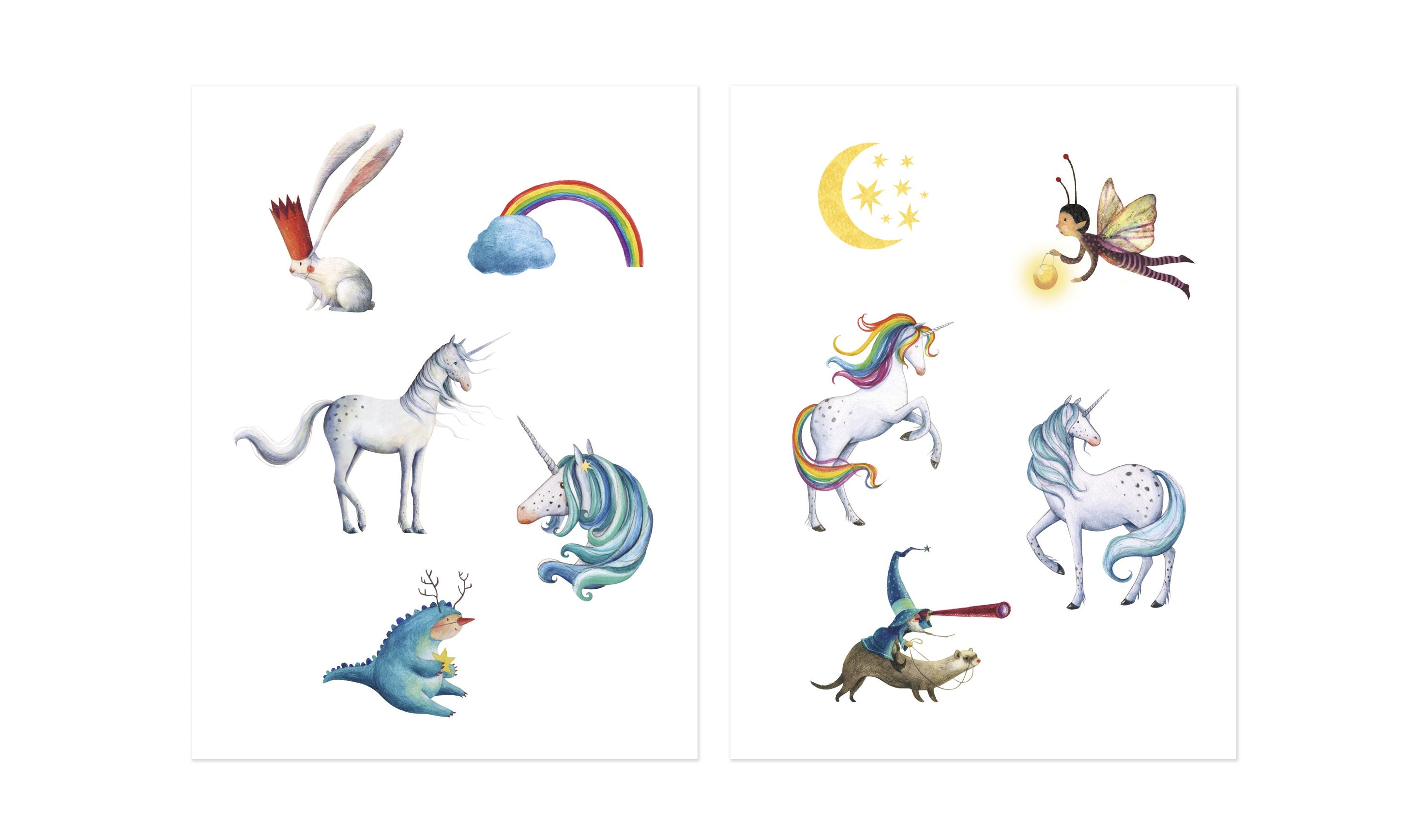 Londji set of tattoo illustrations including unicorns, rainbows, and fantasy creatures on a white background.