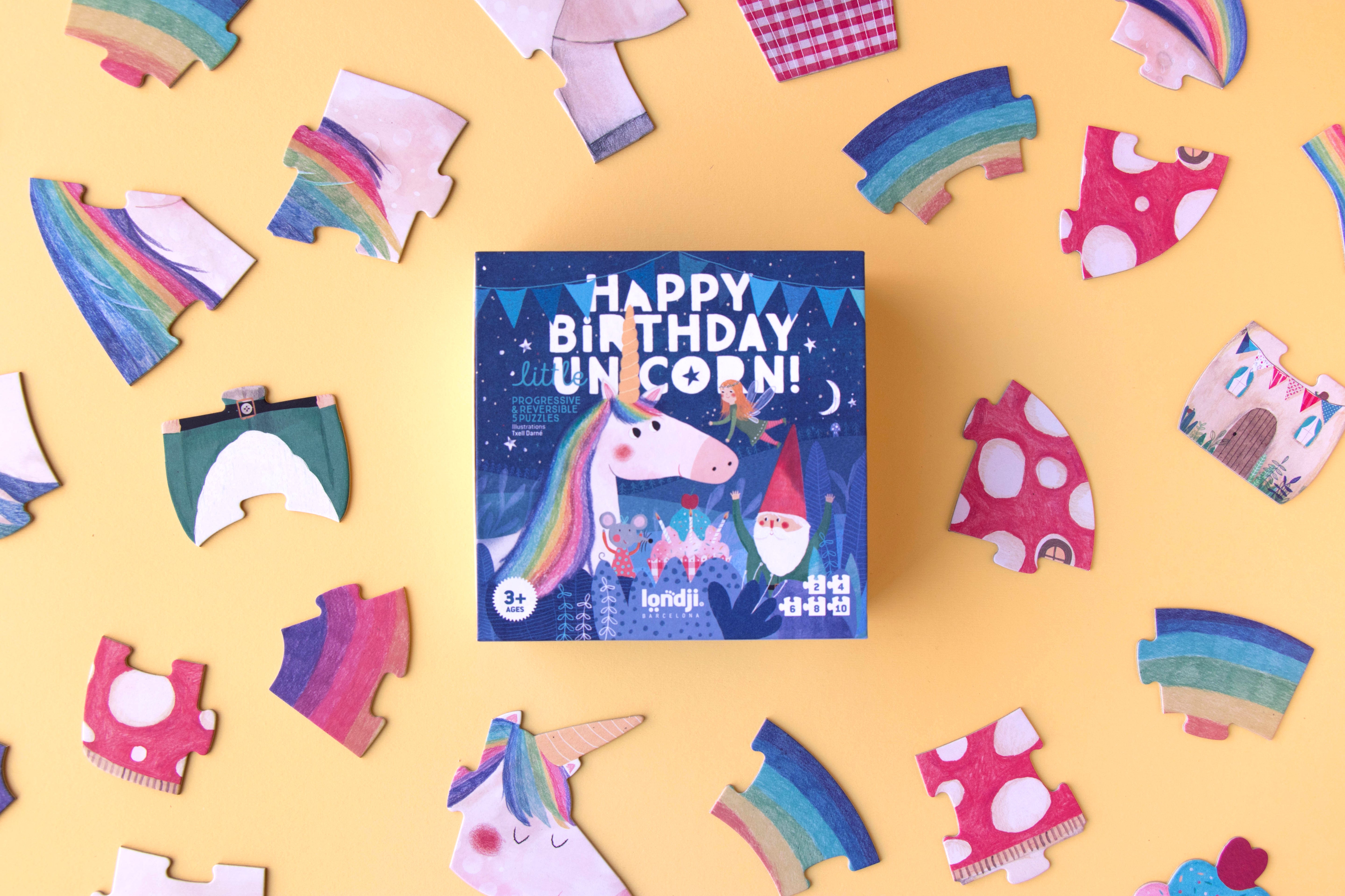 Londji children's birthday puzzle with a unicorn theme on a yellow background