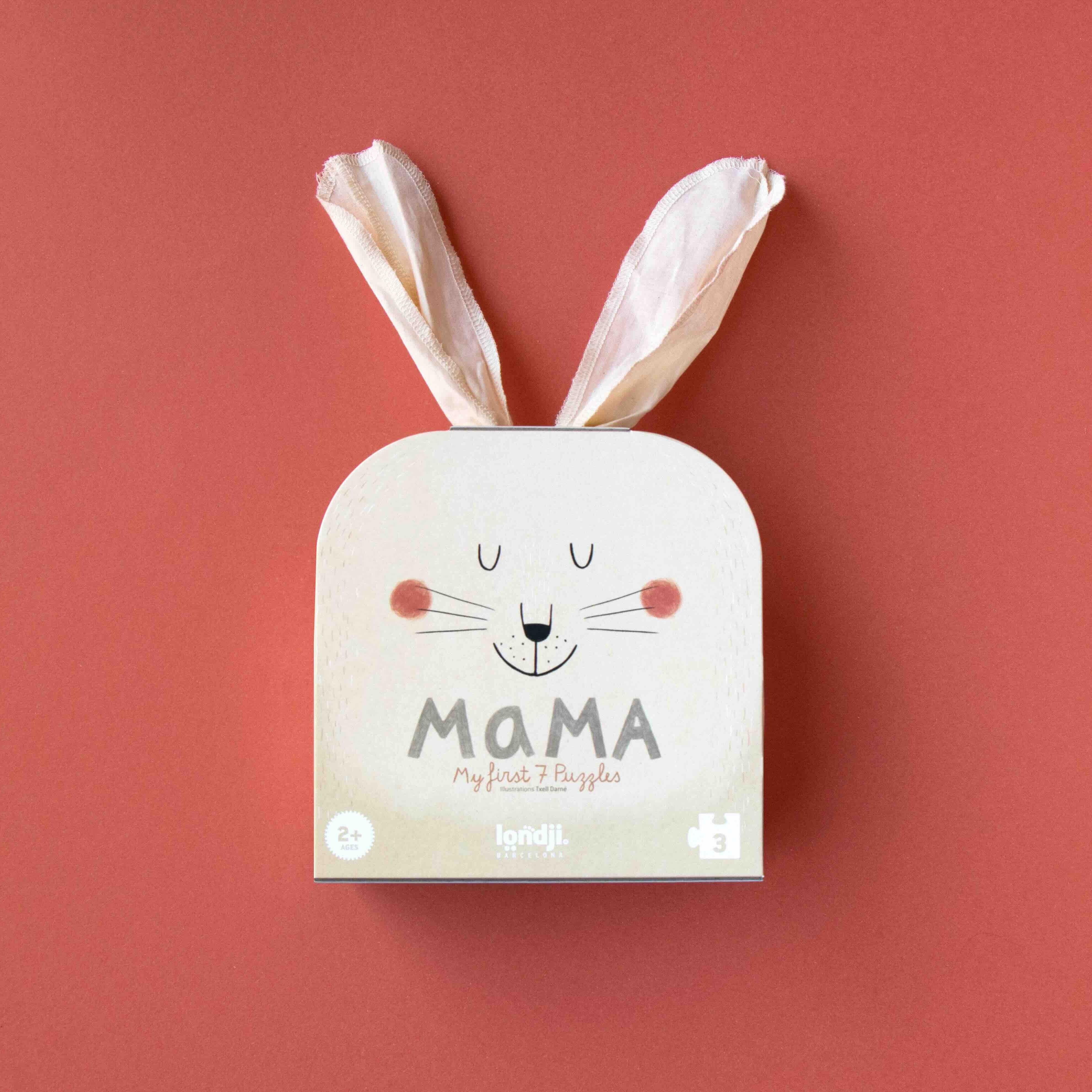 Londji puzzle box with bunny ears labeled 'MAMA' on a red background