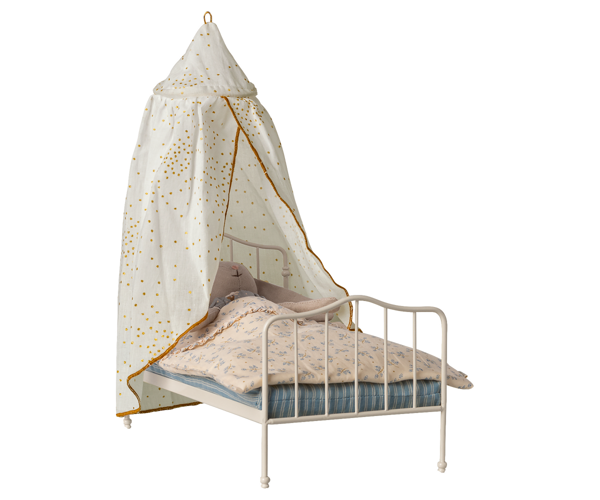 Maileg Miniature Bed Canopy Off White over bed