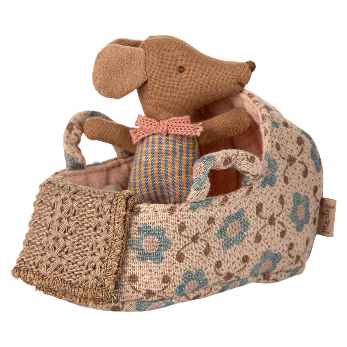 Maileg Carry Cot Baby Mouse Rose with mouse