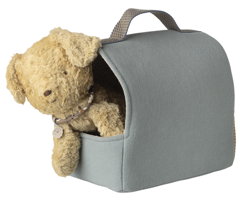 Maileg Pet Carrier Dusty Blue with Puppy