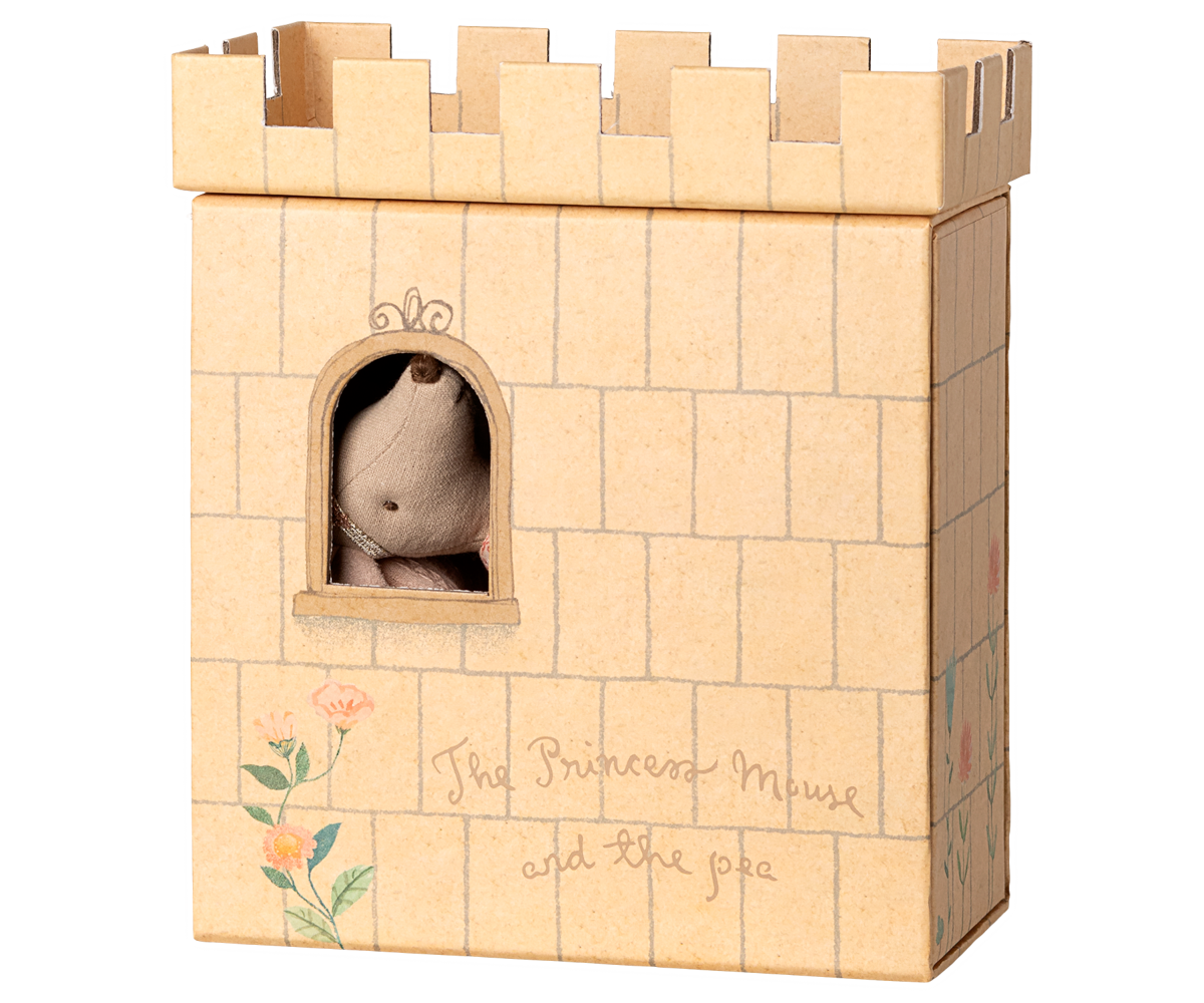 Maileg cardboard castle toy with a small plush mouse inside, on a white background.