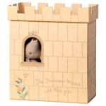 Maileg cardboard castle toy with a small plush mouse inside, on a white background.