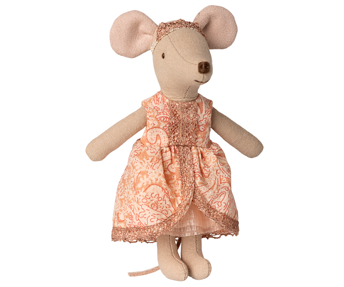 Stuffed mouse toy wearing a patterned dress on a white background