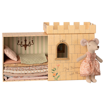Maileg cardboard castle toy with a mouse doll and fabric stack, featuring 'The Princess and the Pea'