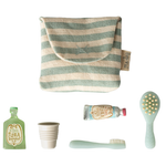 Maileg Toothbrush Set in Bag Mouse Blue Stripe contents