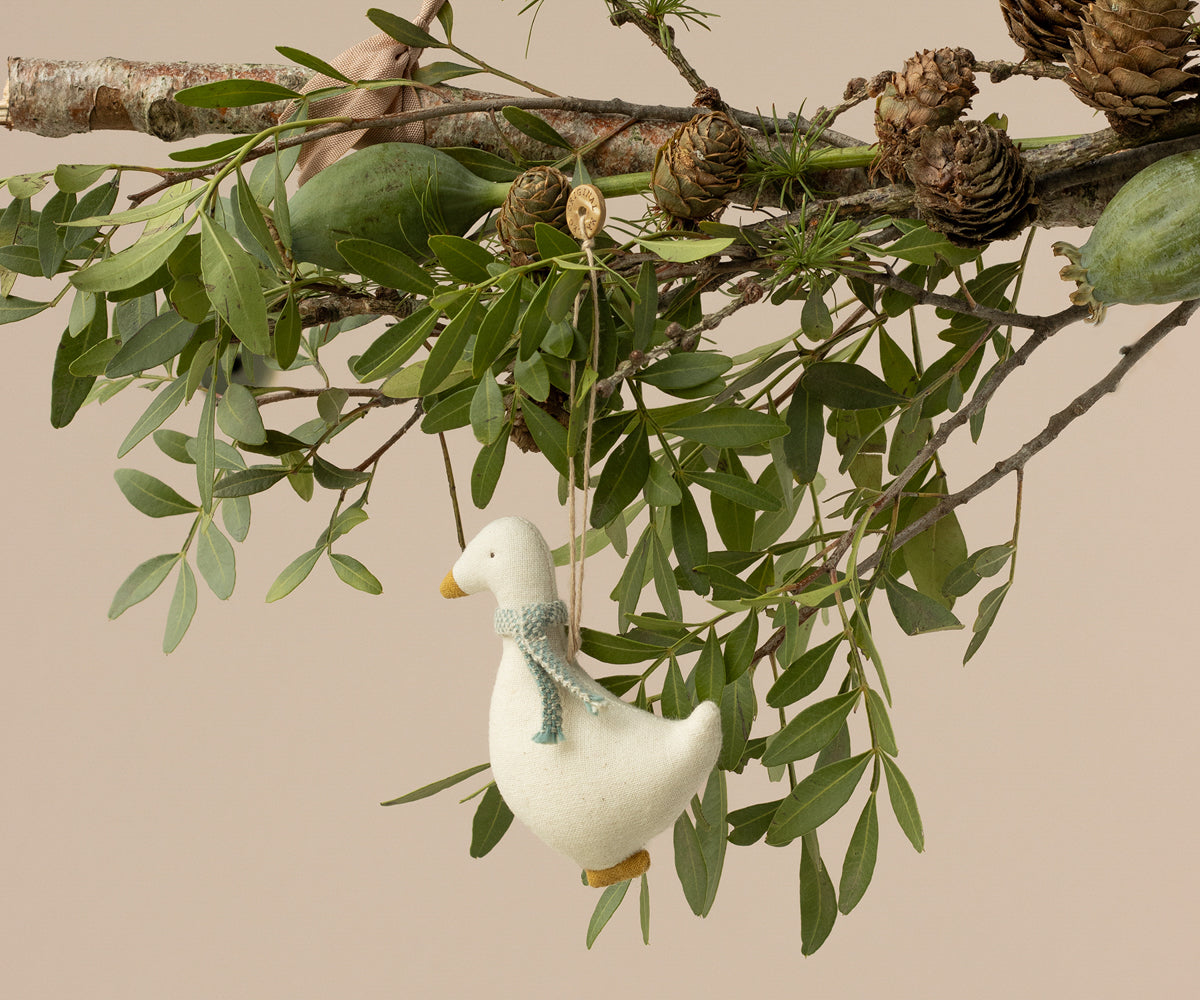 Maileg Fabric Ornament Goose Blue hanging on tree