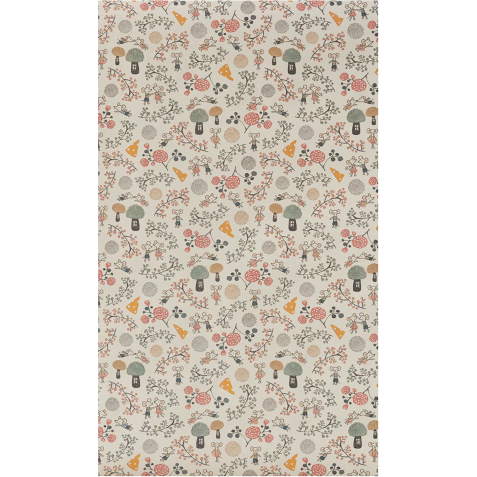 Patterned fabric with small floral and leaf designs on a beige background