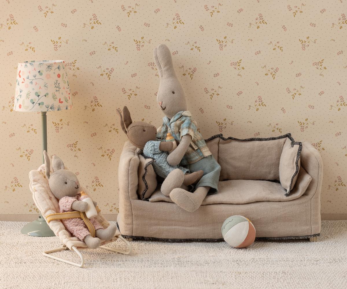 Maileg Rabbit Micro Sand & Rose Knitted Suit in lounge with Maileg Rabbits