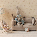 Maileg Rabbit Micro Sand & Rose Knitted Suit in lounge with Maileg Rabbits