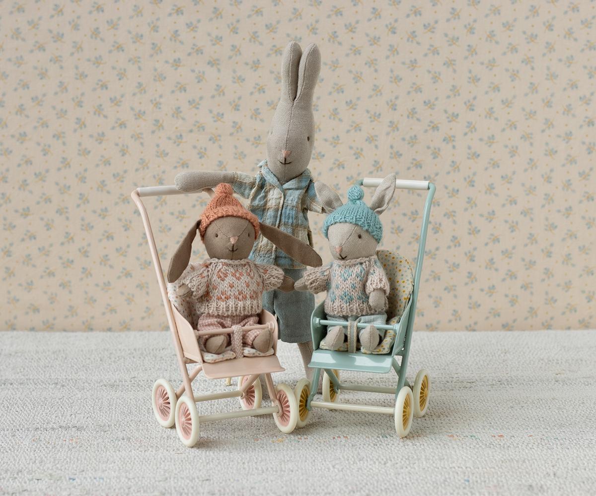 Maileg Winter Rabbit Micro Sand and Mint in Maileg Stroller with Maileg Rabbit