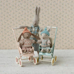 Maileg Winter Rabbit Micro Sand and Mint in Maileg Stroller with Maileg Rabbit