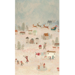 Illustration of a snowy village scene with houses, trees, and people.