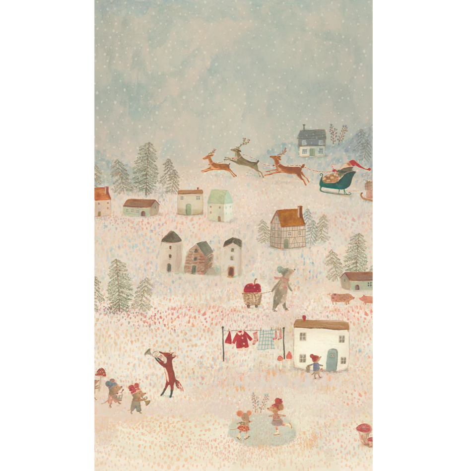 Illustration of a snowy village scene with houses, trees, and people.
