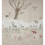 Illustration of animals in a snowy landscape with trees and flowers.