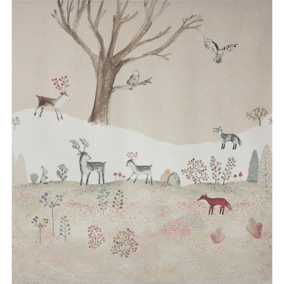Illustration of animals in a snowy landscape with trees and flowers.
