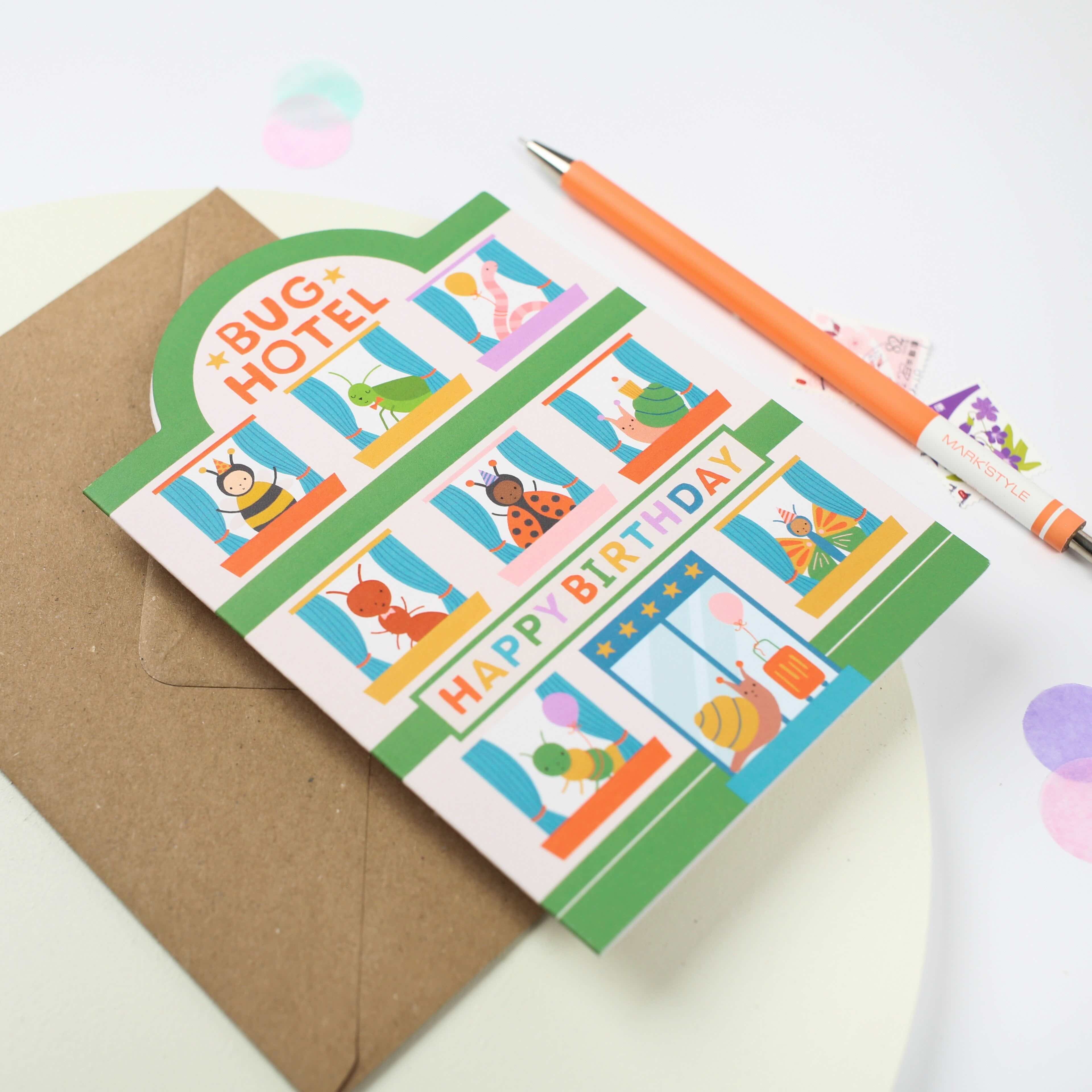 Mifkins children's birthday card with bugs staying at a hotel
