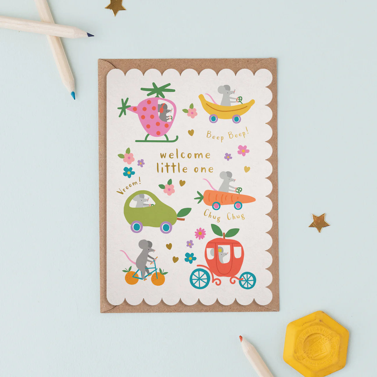 Mifkins children's greeting card with colorful illustrations of baby items on a light blue background.