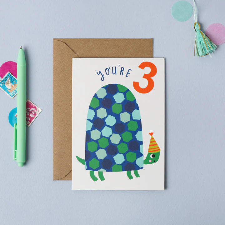 Mifkins birthday card with turtle illustration and 'You're 3' text on a light blue background