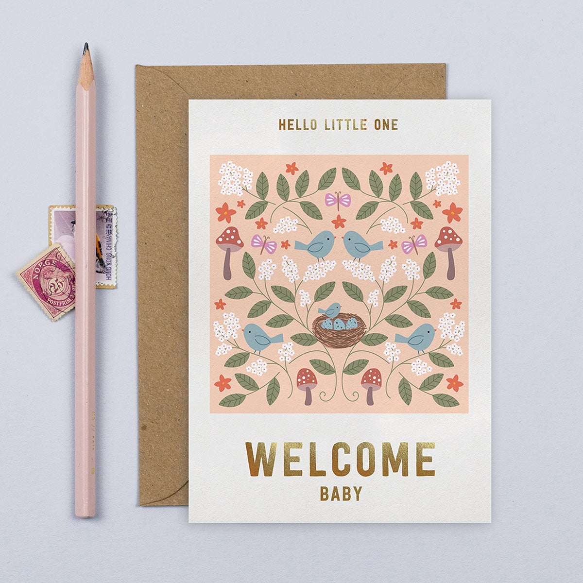 Mifkins baby shower card with birds, flowers, and 'Welcome Baby' text on a light blue background.