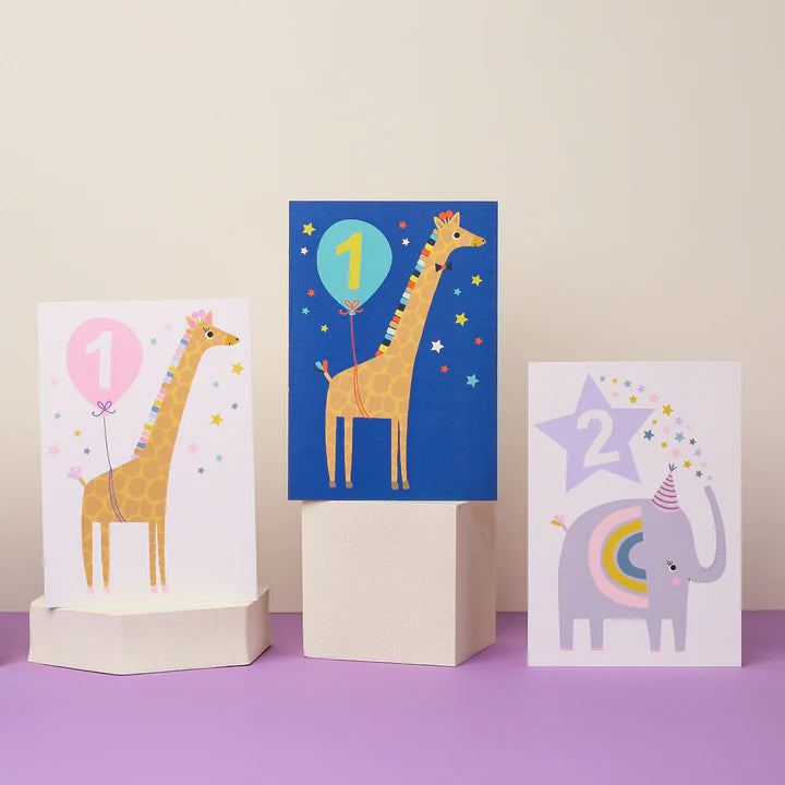 Mifkins three children's birthday cards featuring animals on stands against a plain background