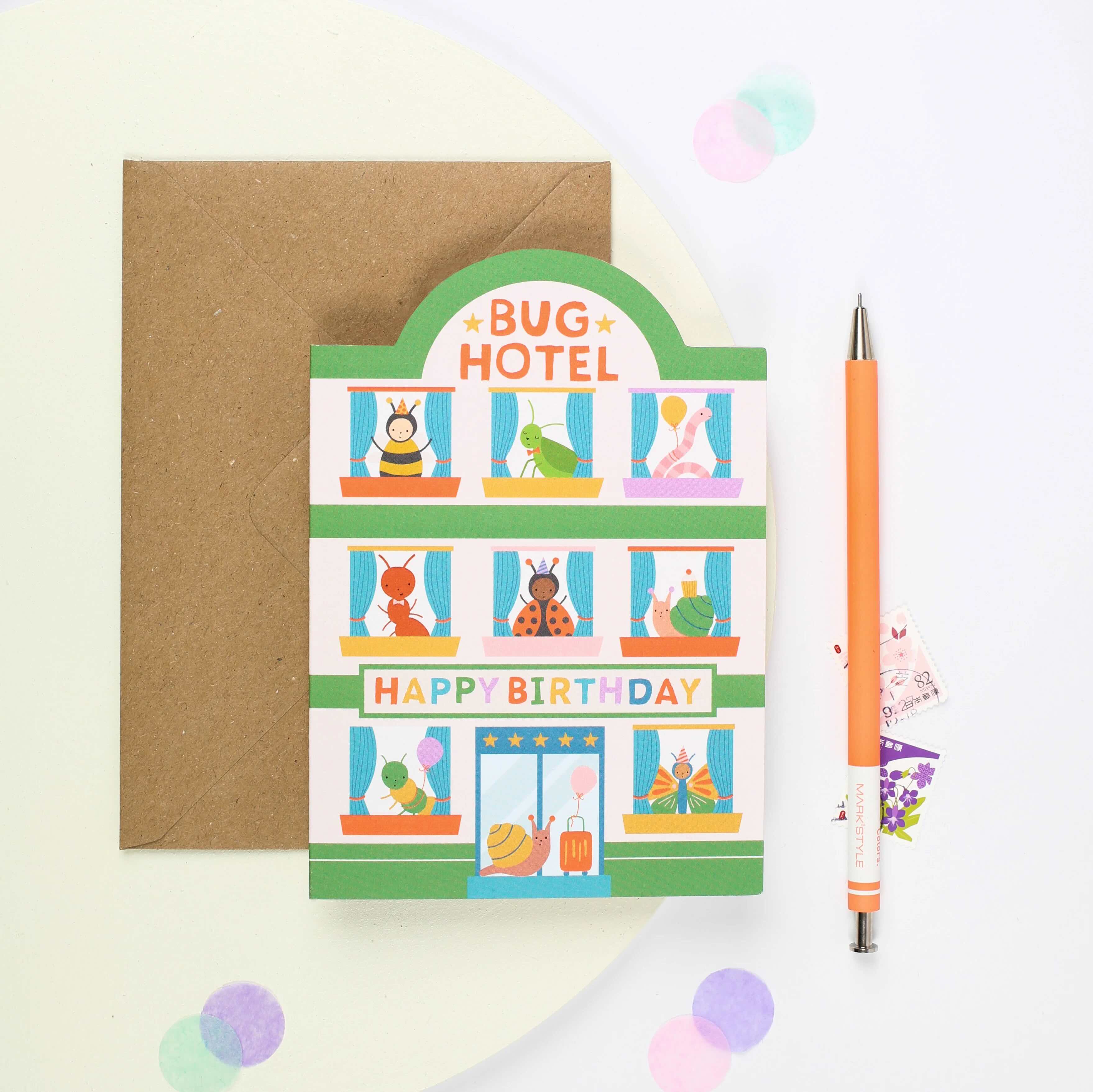 Mifkins children's birthday card with bugs staying at a hotel