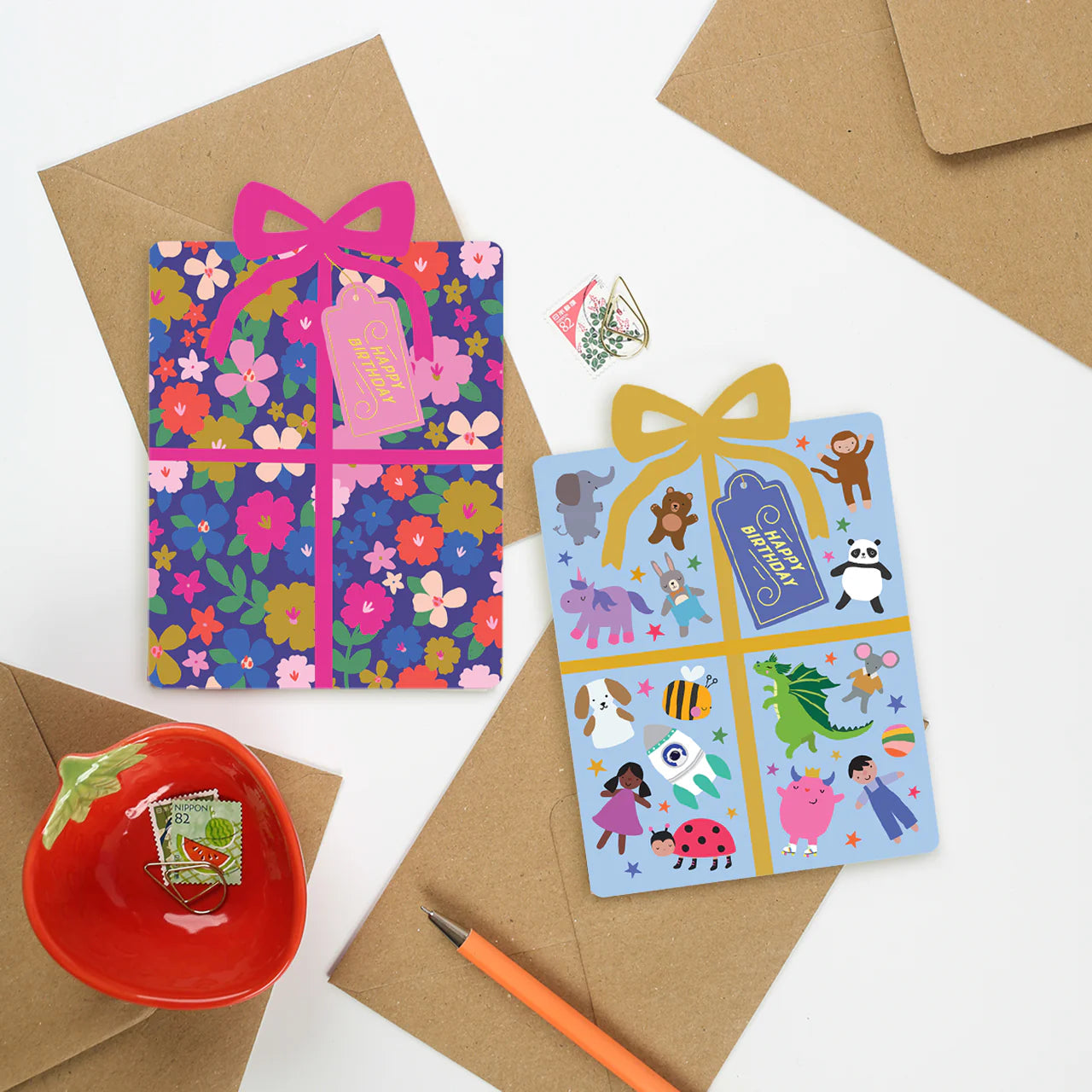 Mifkins colourful gift-themed cards with envelopes and stationery items on a white background
