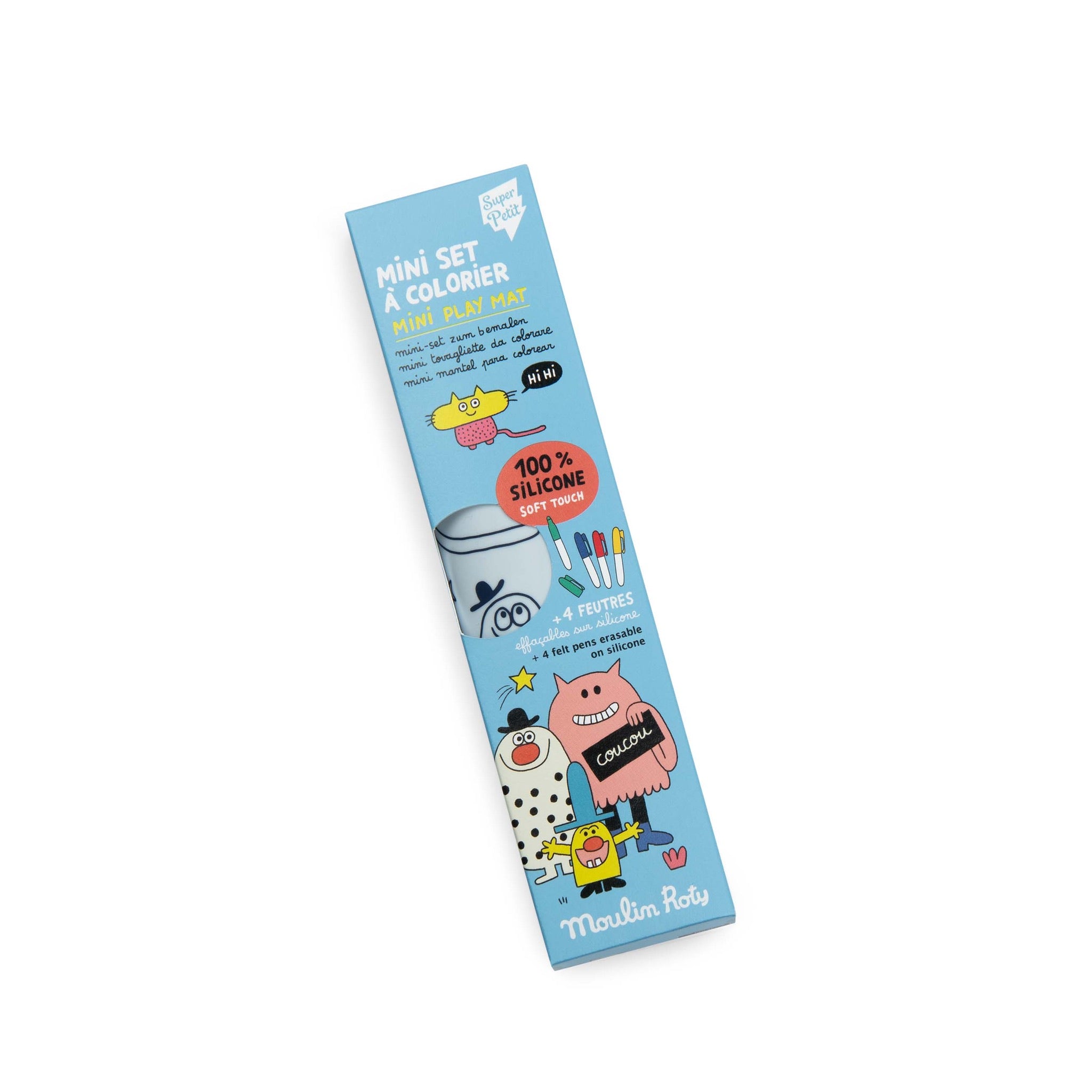 Moulin Roty Mini Silicone Colouring Mat and 4 Pens Les Schmouks Box