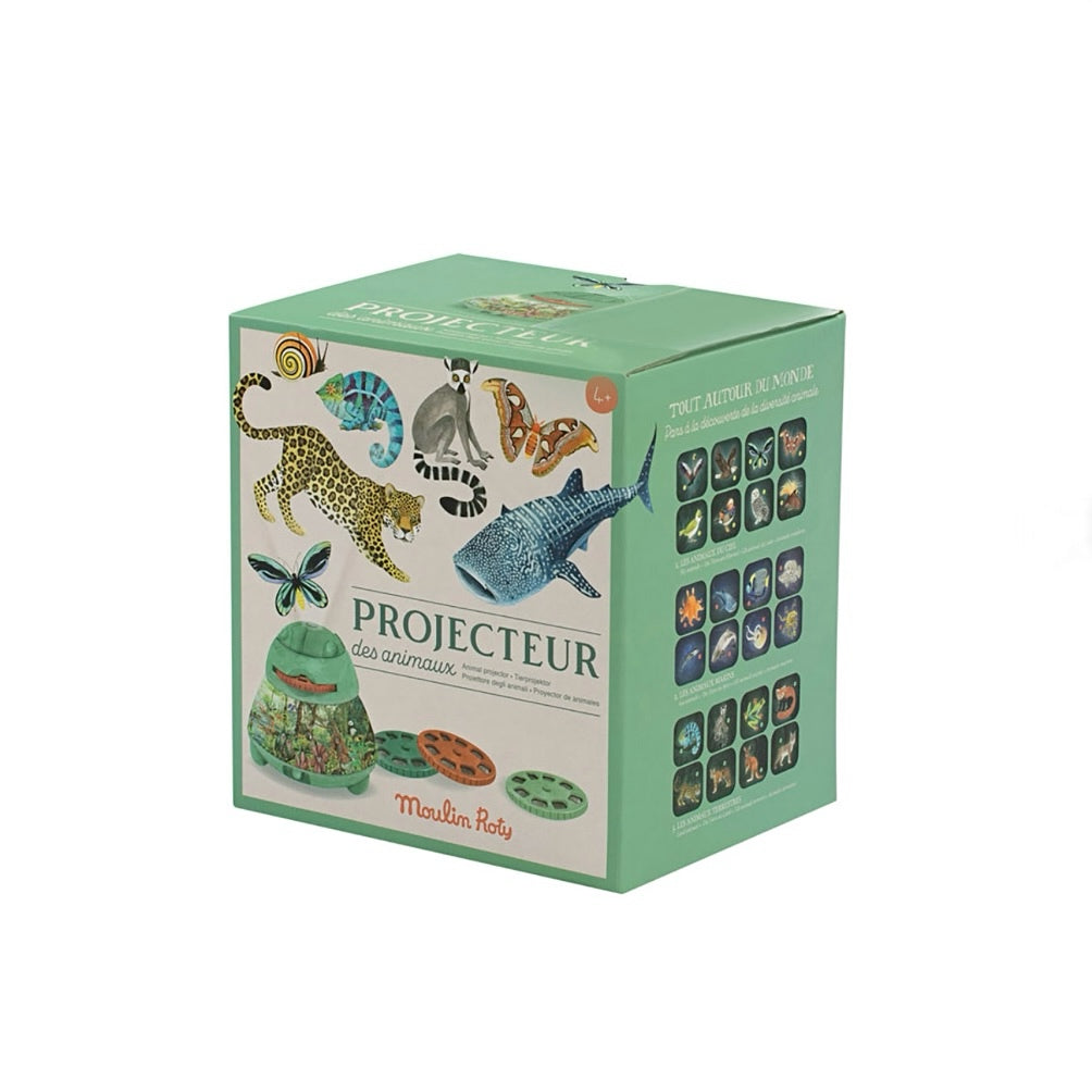 Moulin Roty children's educational toy set with projector and three cylindrical sets of images