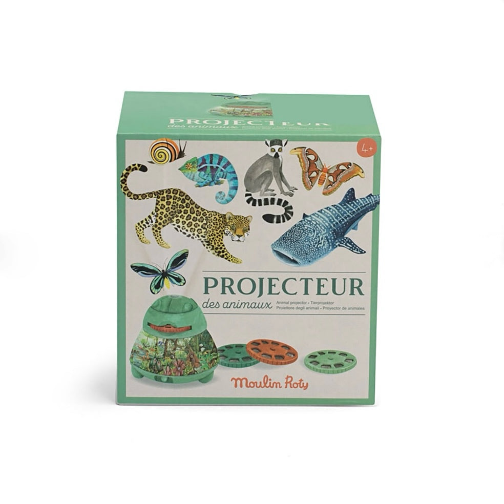 Moulin Roty children's educational toy set with projector and three cylindrical sets of images