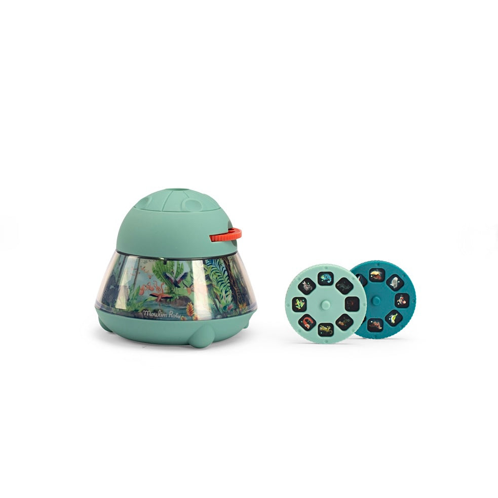 Moulin Roty children's educational toy set with projector and three cylindrical sets of images