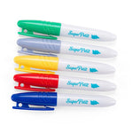 Five colorful markers with 'Super Petit' branding on a white background