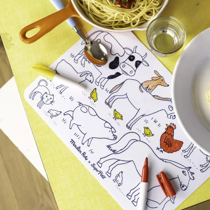 Moulin Roty Mini Silicone Colouring Mat and 4 Pens Aujourd'hui c’est Mercredi on table