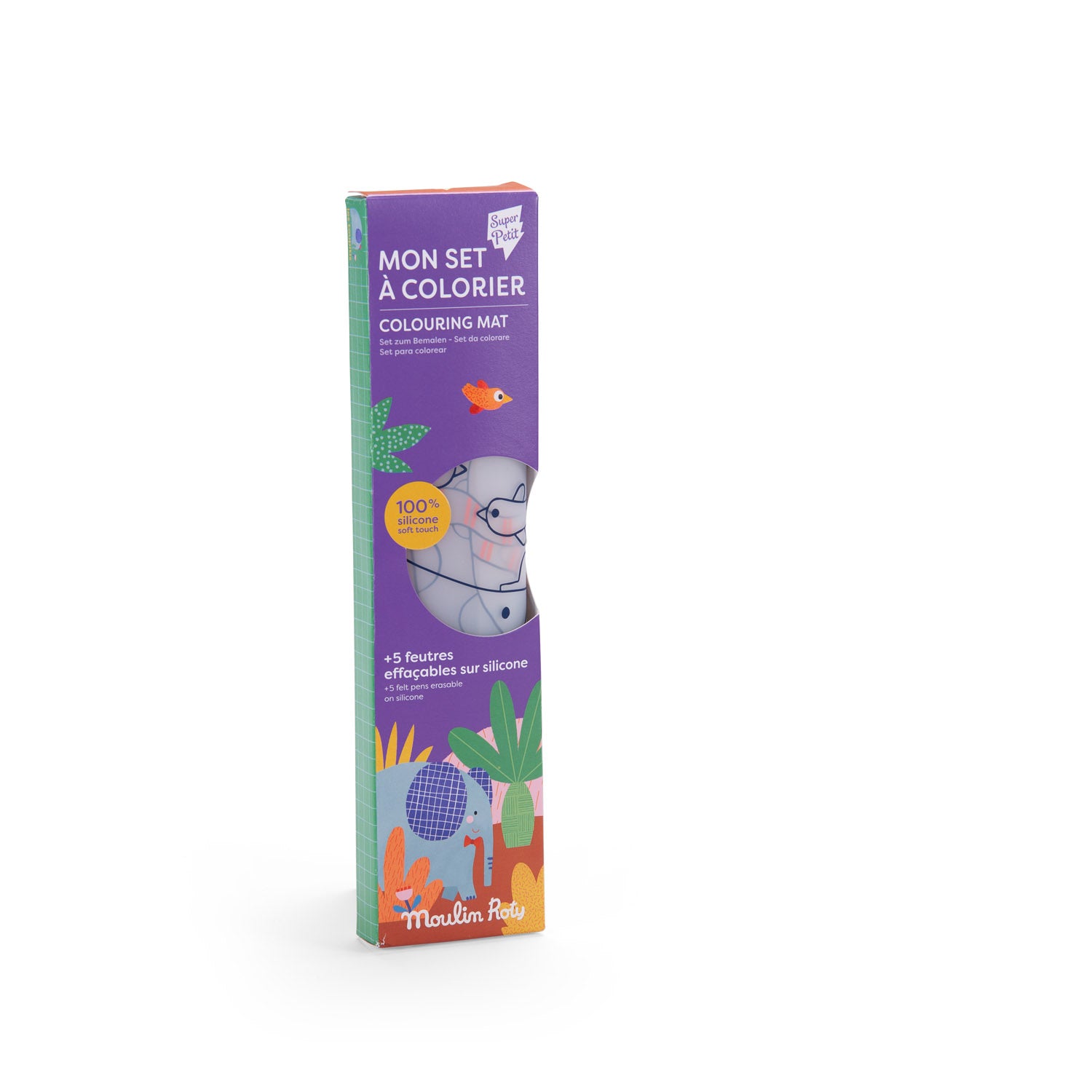 Moulin Roty Silicone Colouring Set & 5 Pens - Les Toupitis box