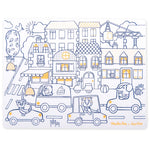 Illustration of a city street with buildings, cars, and animals driving through it.
