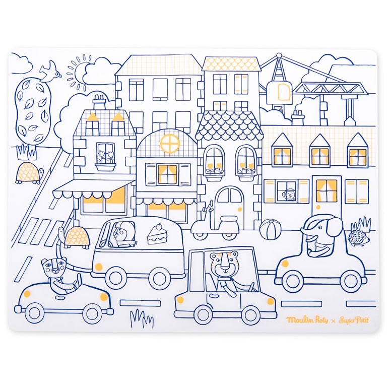 Illustration of a city street with buildings, cars, and animals driving through it.