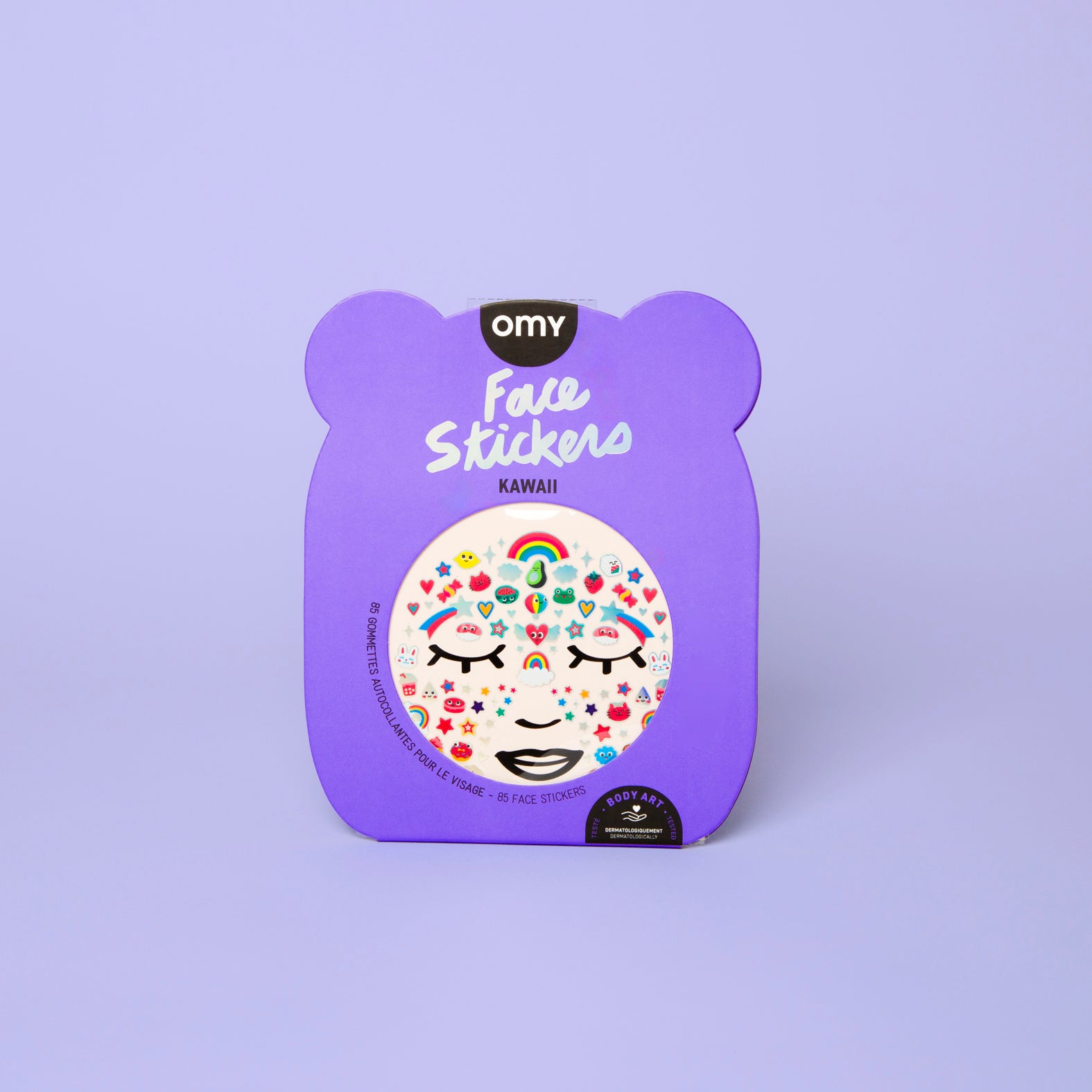 Purple packaging of OMY face stickers with a colorful sticker design on a light purple background