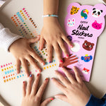 Children's hands with colorful nail stickers applied, next to a pink 'Omy Nail Stickers' pack.