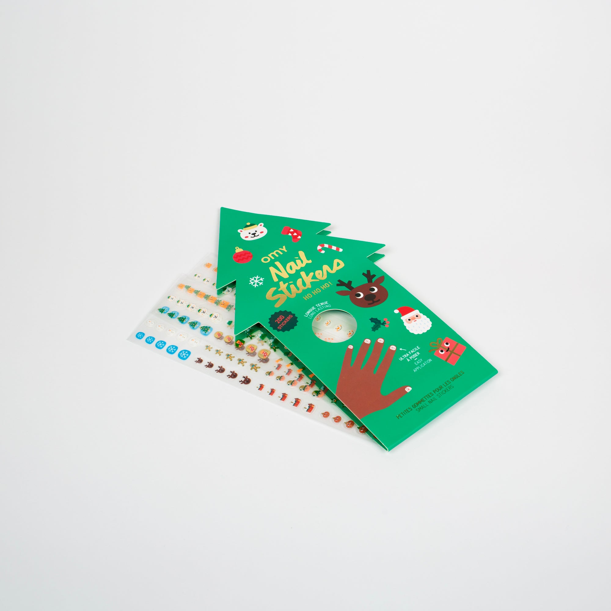 Green OMY nail stickers with various stickers on a white background