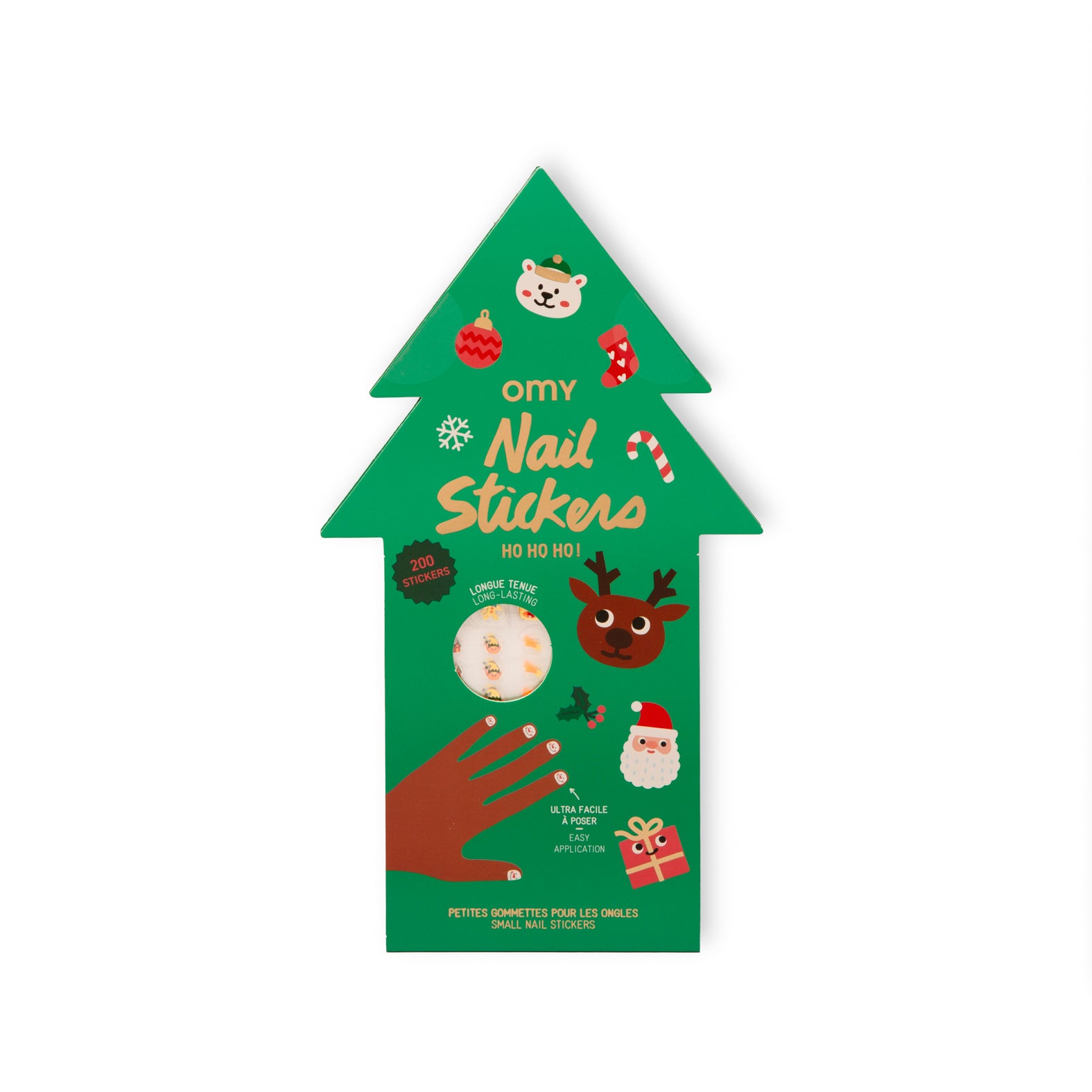 Green Christmas tree-shaped pack of OMY nail stickers with festive designs on a white background