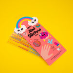 Pack of OMY nail stickers with colorful design on a yellow background