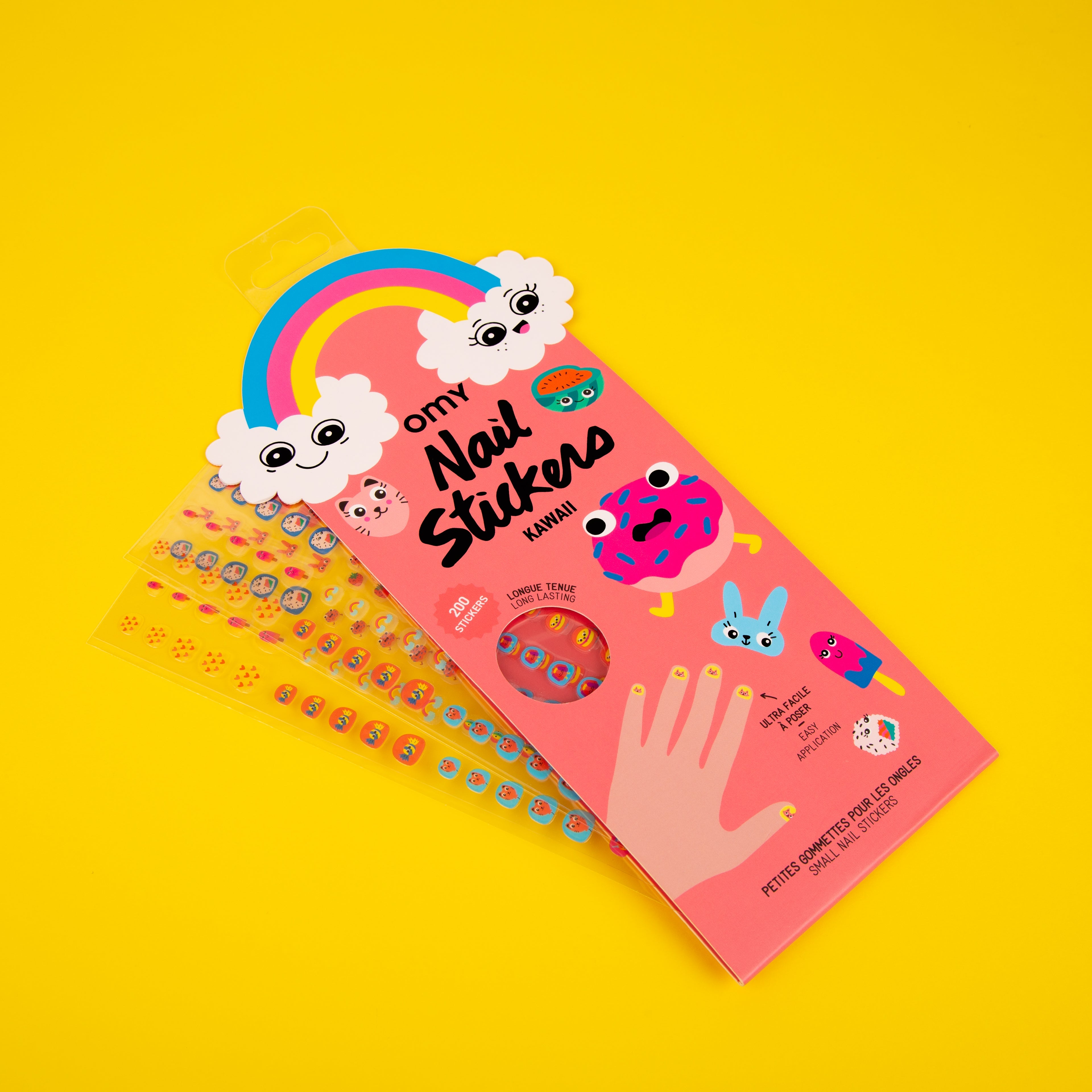 Pack of OMY nail stickers with colorful design on a yellow background