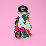 Unicorn-shaped OMY sticker activity book with colorful design on a pink background