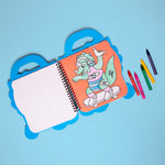 OMY coloring book with a cartoon character on a blue background, surrounded by markers.