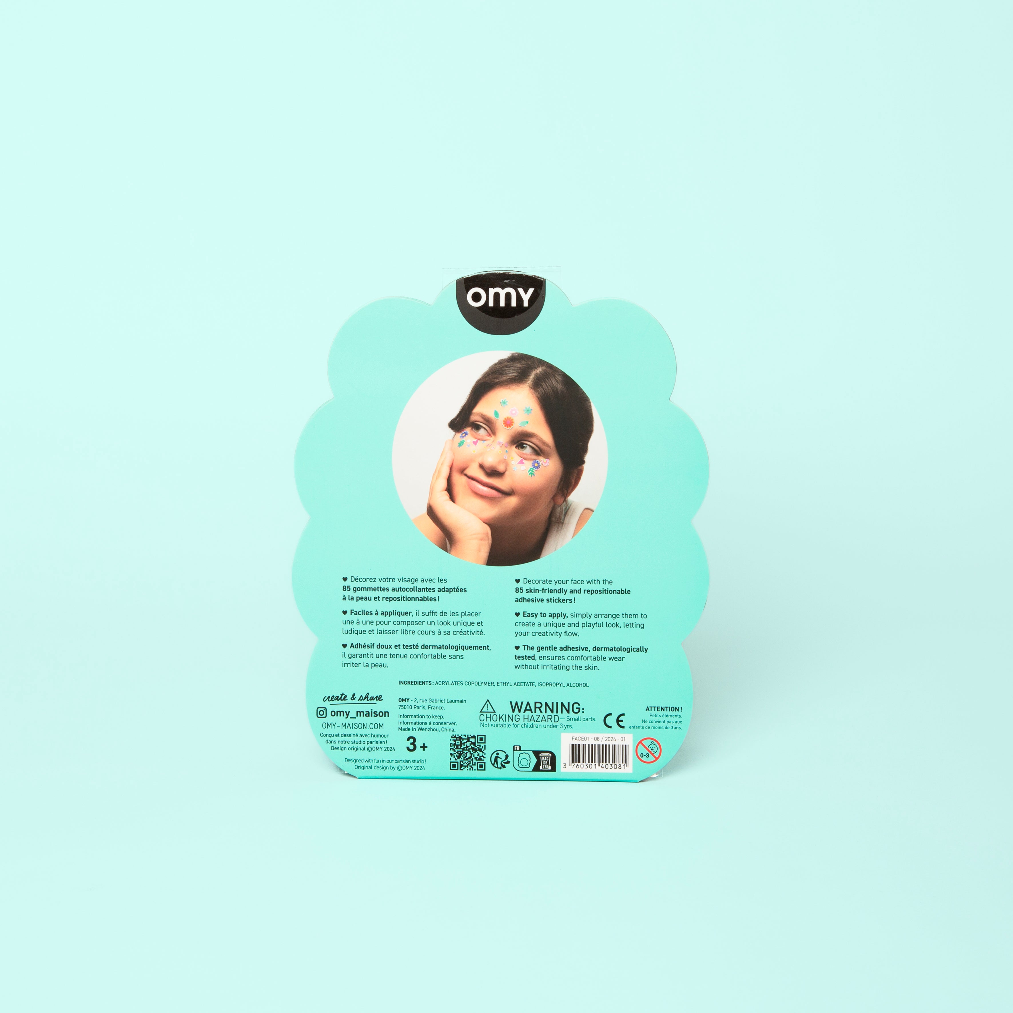 OMY sticker packaging with a child's face on a light green background