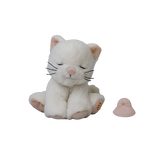 White plush cat toy with closed eyes on a white background