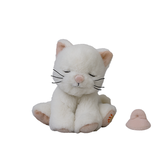 White plush cat toy with closed eyes on a white background