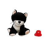 Black and white plush toy cat with a red object on a white background