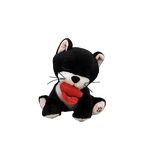 Black and white plush toy with a red heart on a white background